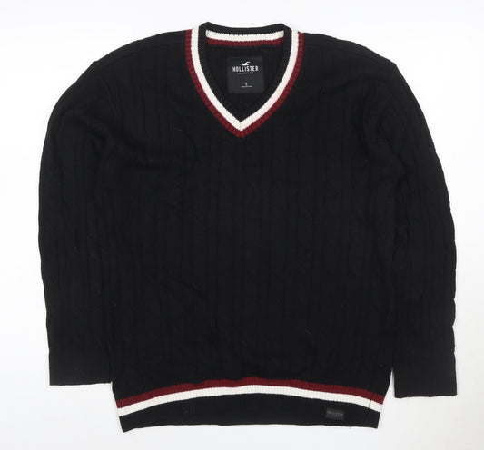 Hollister Men's Black Cable-Knit V-Neck Jumper Size S