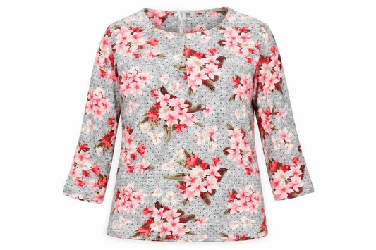 Pebble Bay Womens Grey Floral Long Sleeve Jersey Tunic Top Size 12