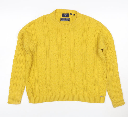 Superdry Women's Yellow Cable-Knit Cotton Pullover Jumper Size 4