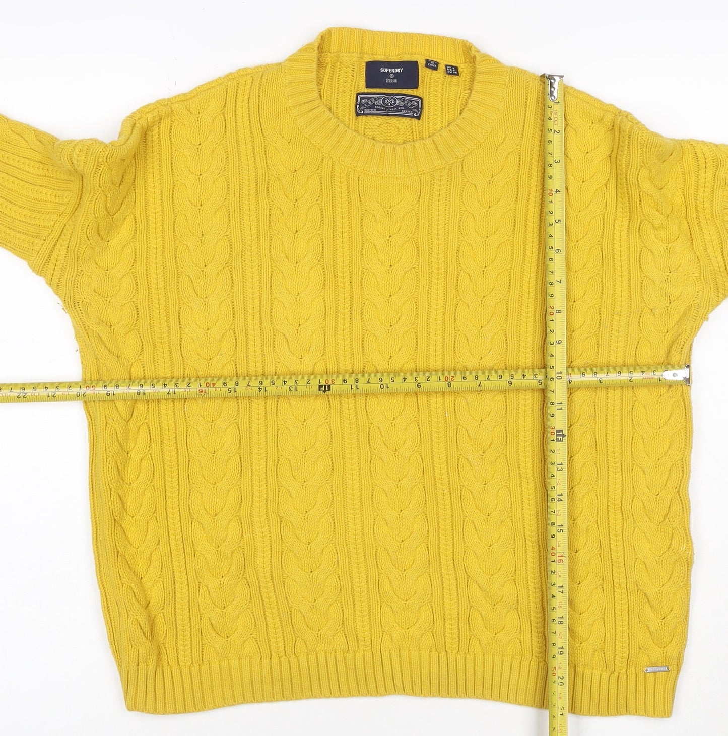 Superdry Women's Yellow Cable-Knit Cotton Pullover Jumper Size 4