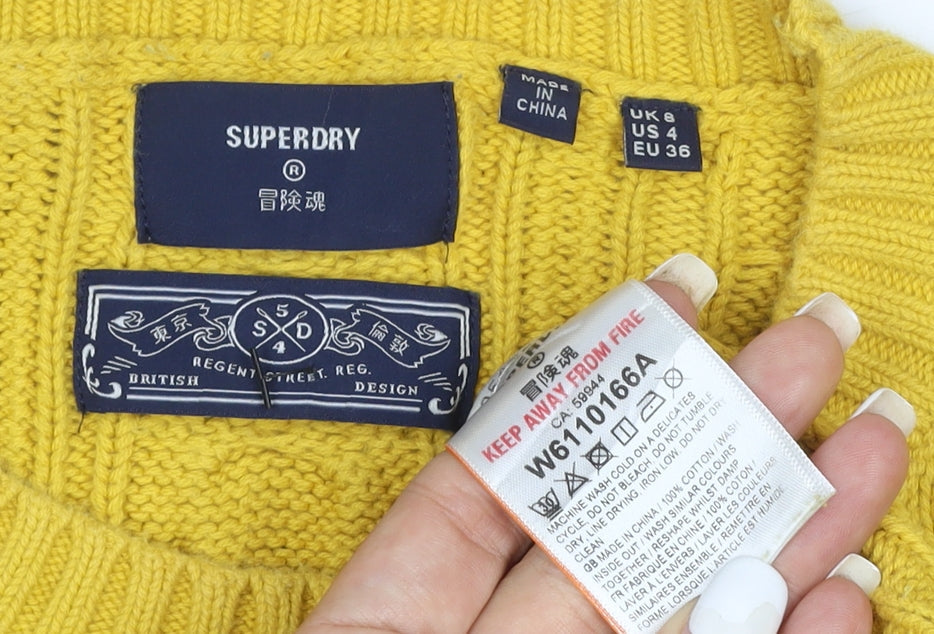 Superdry Women's Yellow Cable-Knit Cotton Pullover Jumper Size 4