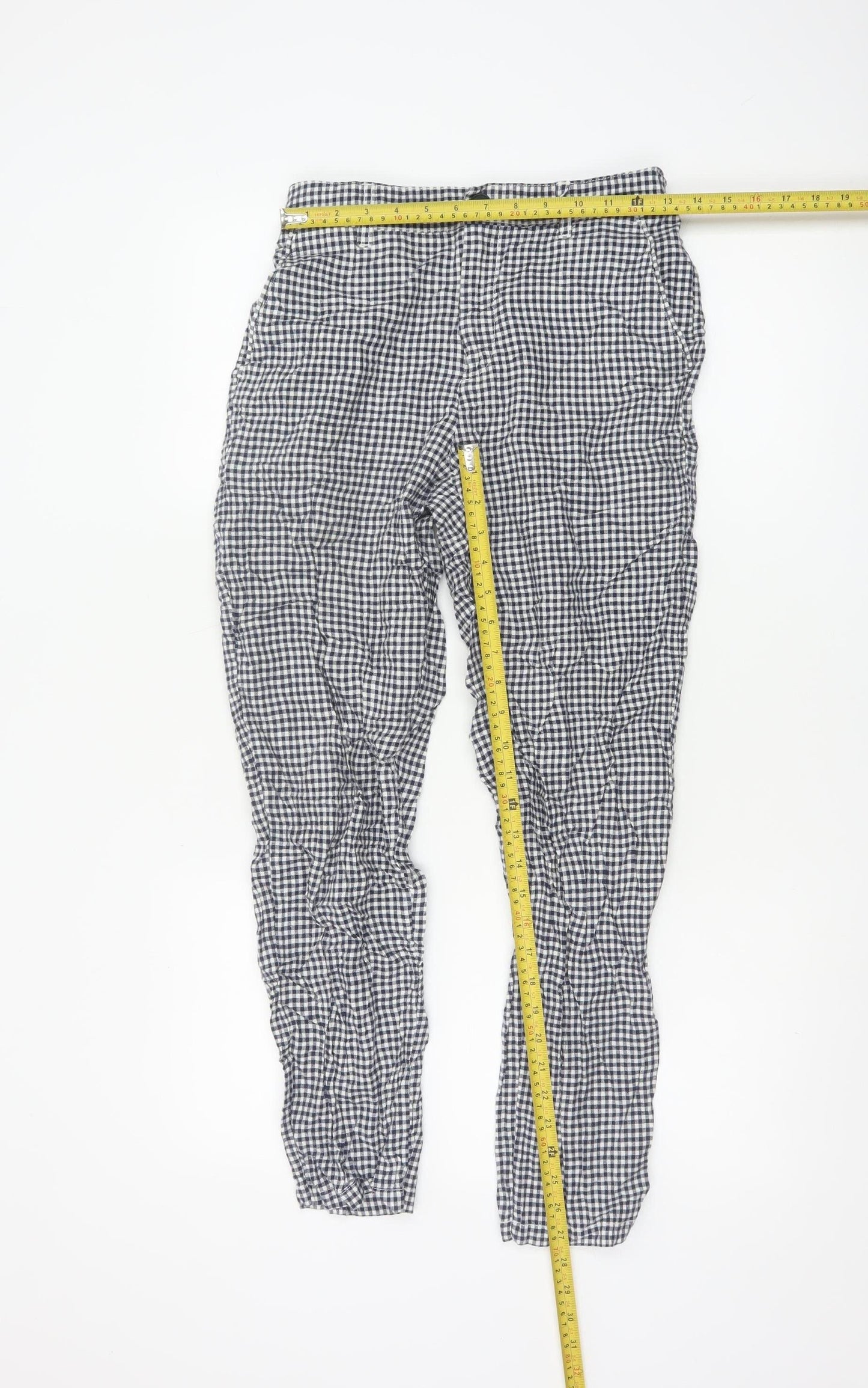 Uniqlo Womens Blue Gingham Linen Cotton Trousers XS Lightweight Casual