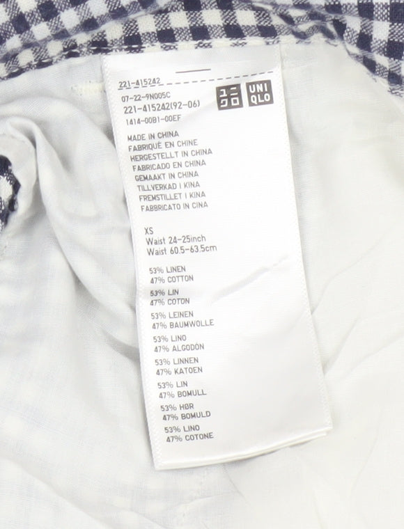 Uniqlo Womens Blue Gingham Linen Cotton Trousers XS Lightweight Casual