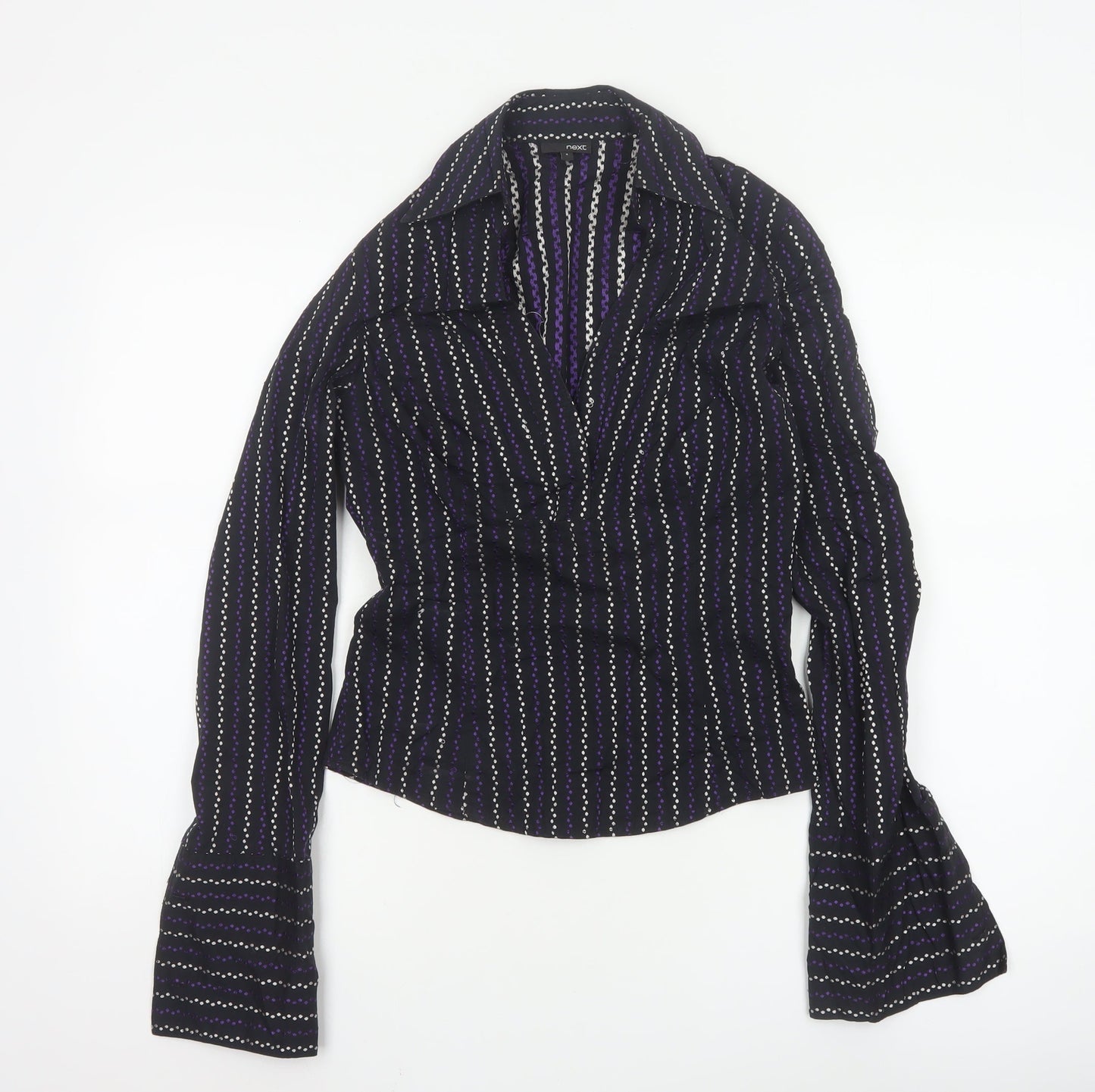Next Women's Black Striped Collared Long Sleeve Blouse Size 8
