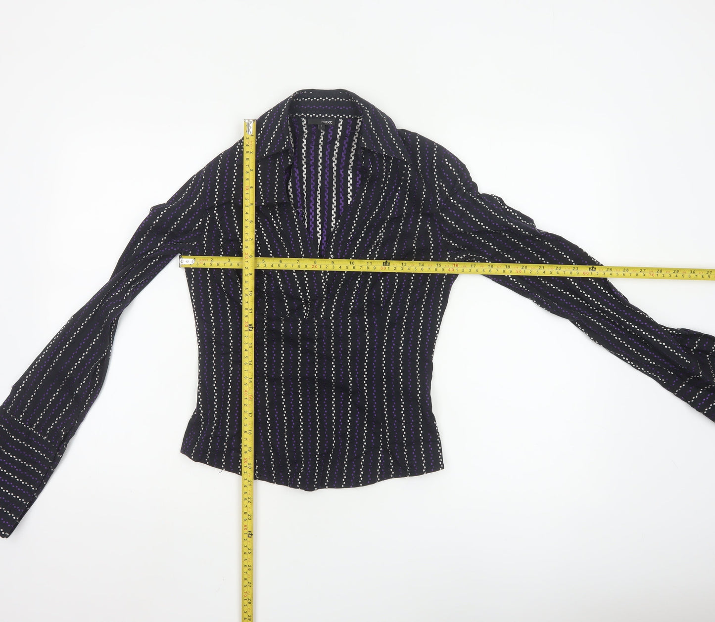 Next Women's Black Striped Collared Long Sleeve Blouse Size 8