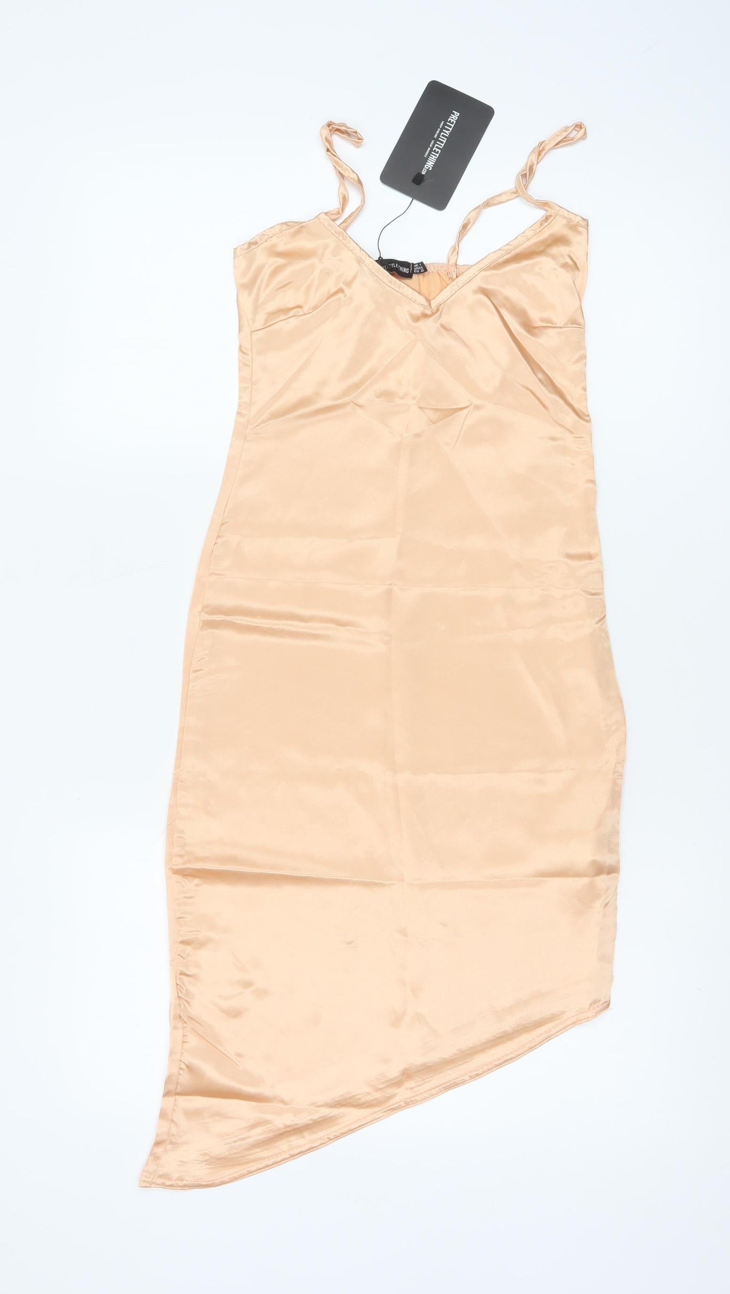 PrettyLittleThing Women’s Beige Satin Asymmetric Slip Dress Size 4