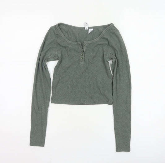 H&M Divided Women's Green XS Cropped Long Sleeve Button Top