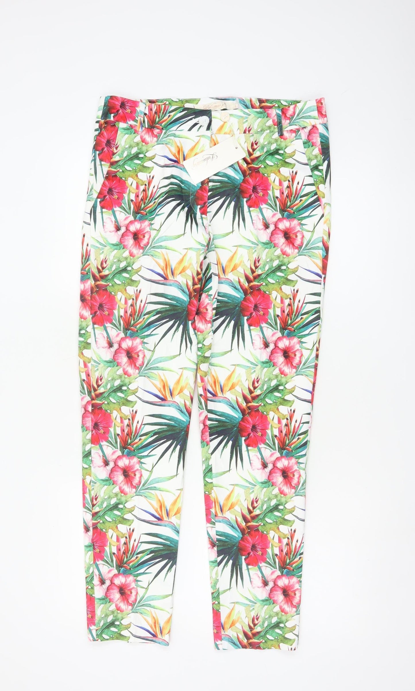 Lulumary Womens Tropical Floral Cotton Stretch Cropped Trousers L