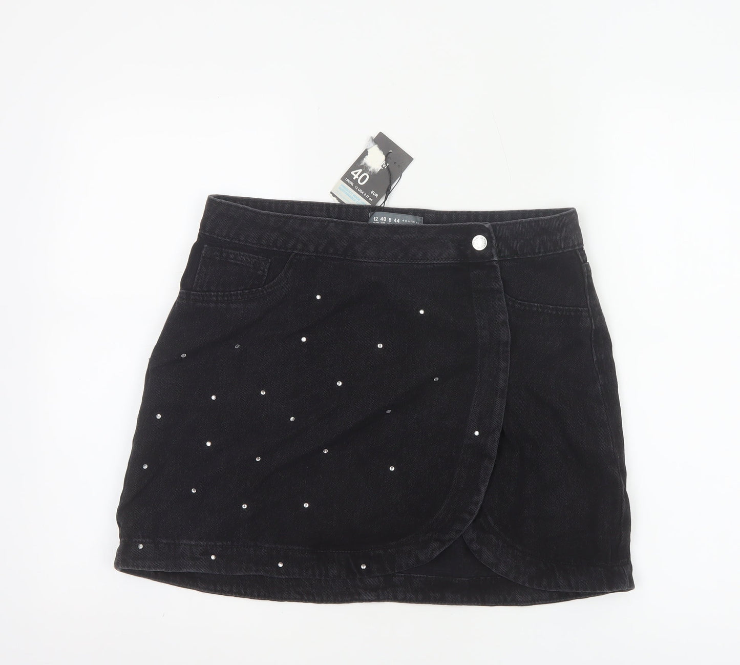 Primark Women's Black Denim Wrap Mini Skirt Size 12 Studded Casual