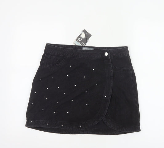 Primark Women's Black Denim Wrap Mini Skirt Size 12 Studded Casual