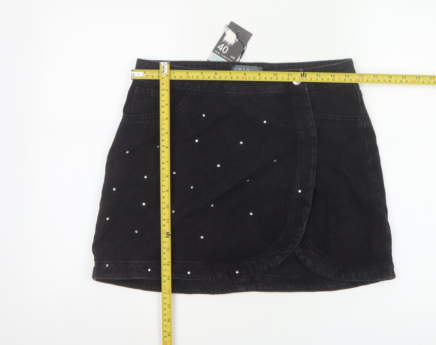 Primark Women's Black Denim Wrap Mini Skirt Size 12 Studded Casual