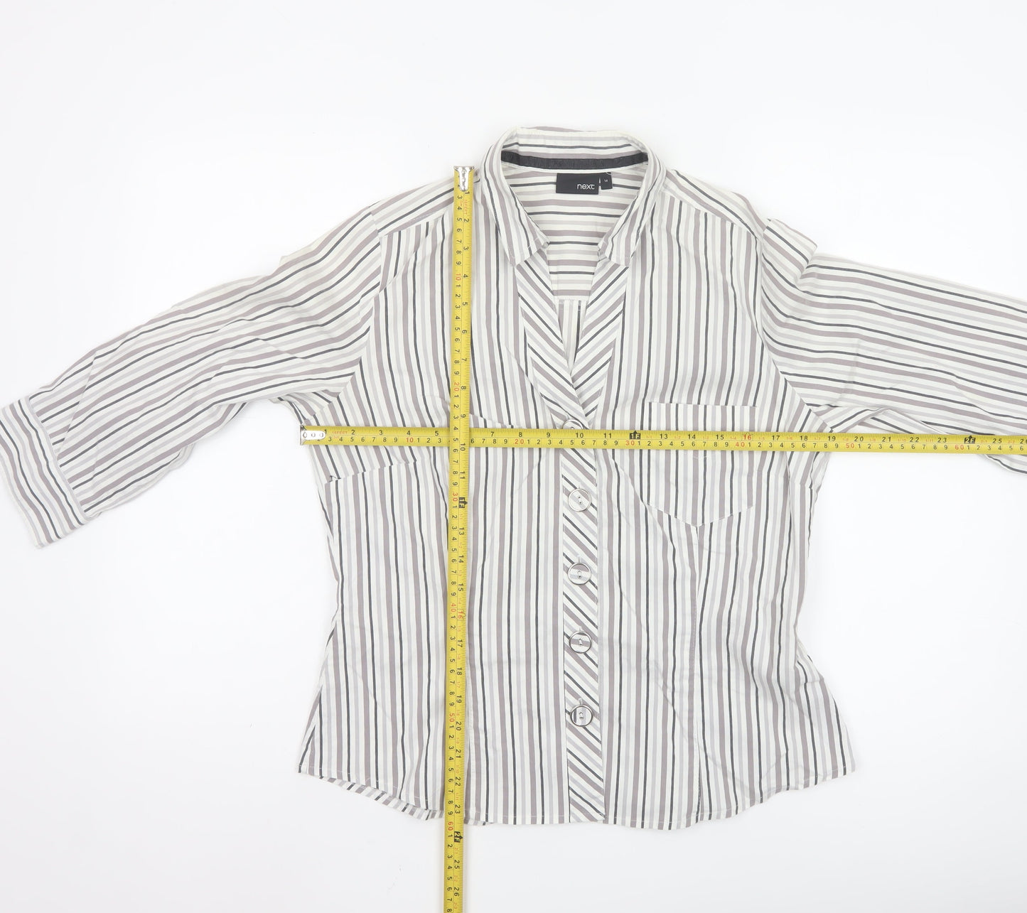 Next Women’s Grey White Striped Button-Up Blouse Size 14 Cotton Blend