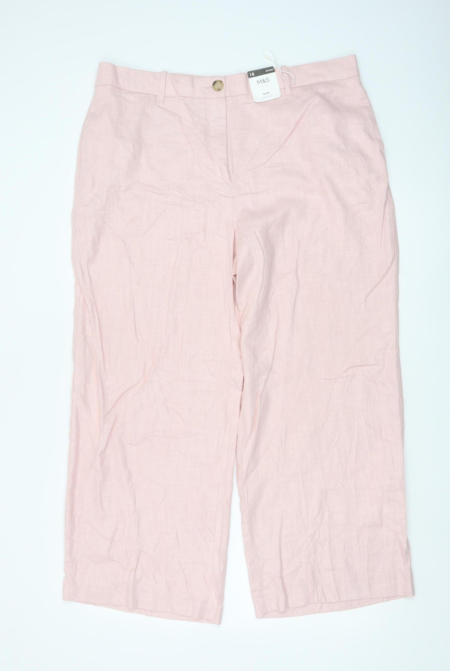 Marks and Spencer Womens Pink Linen Blend Straight Trousers Size 18