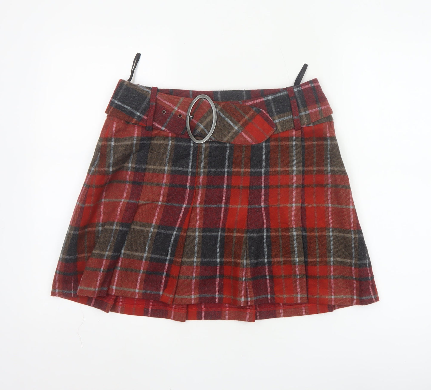Next Women's Red Check Pleated Mini Skirt Size 12 Wool Blend