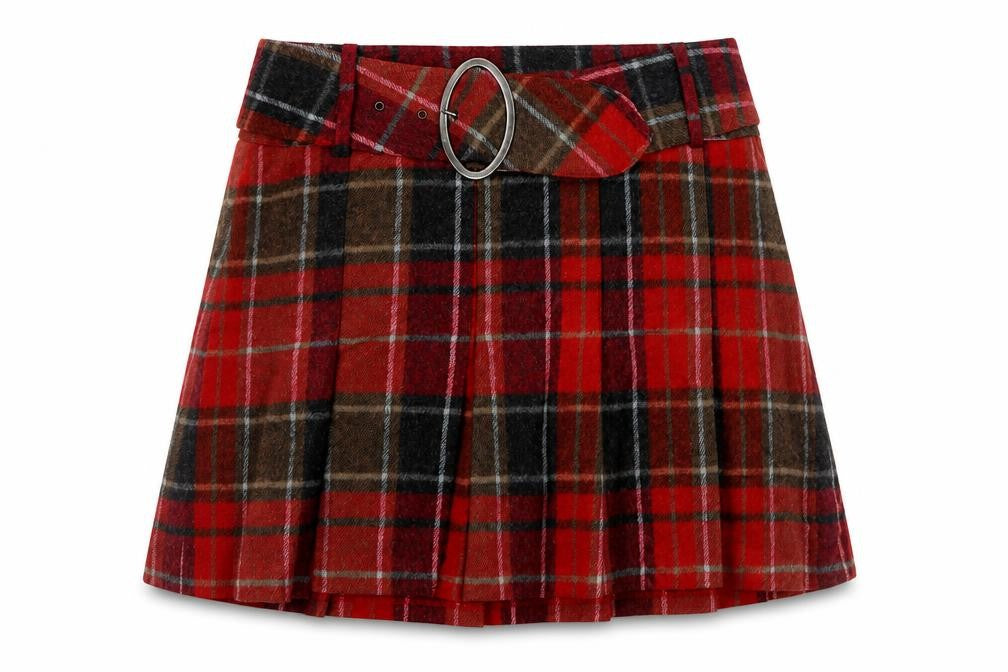 Next Women's Red Check Pleated Mini Skirt Size 12 Wool Blend