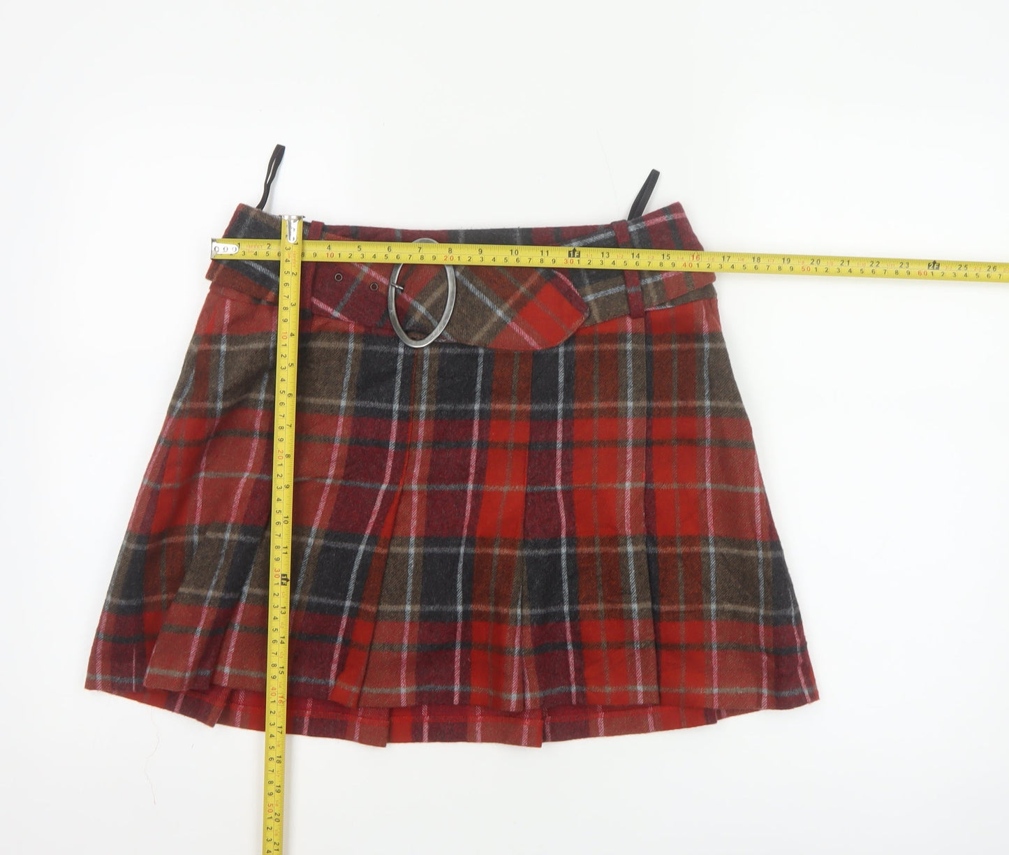 Next Women's Red Check Pleated Mini Skirt Size 12 Wool Blend