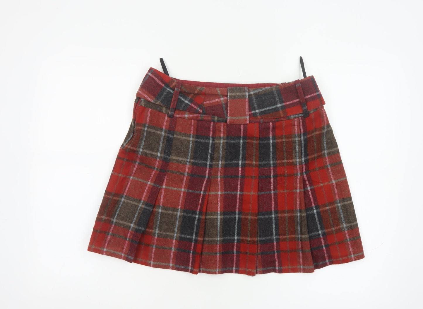 Next Women's Red Check Pleated Mini Skirt Size 12 Wool Blend