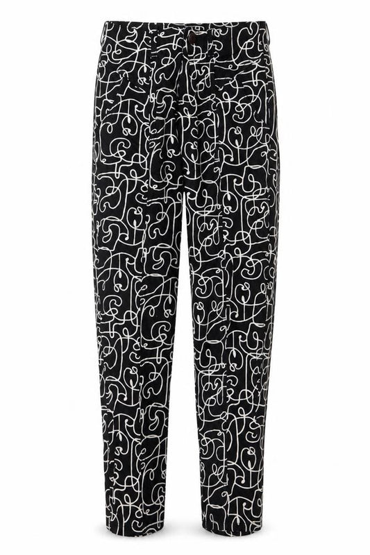 Lucy & Yak Women's Black Geometric High Rise Tapered Cotton Trousers 26/30