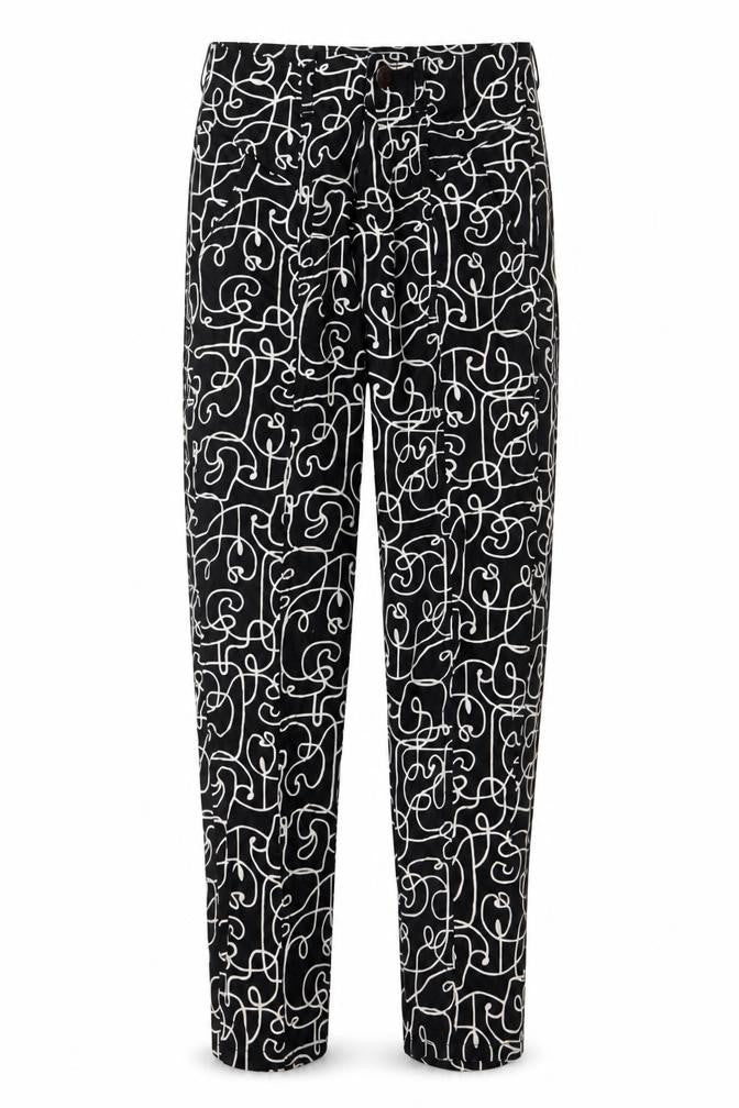 Lucy & Yak Women's Black Geometric High Rise Tapered Cotton Trousers 26/30