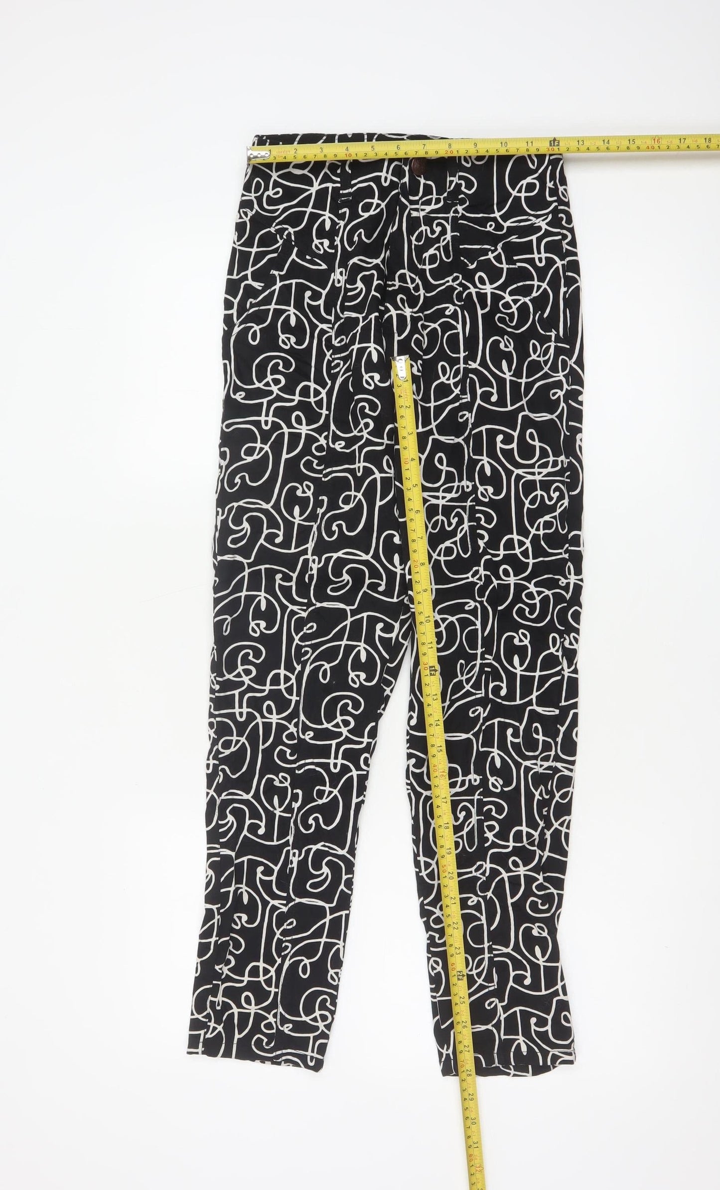 Lucy & Yak Women's Black Geometric High Rise Tapered Cotton Trousers 26/30