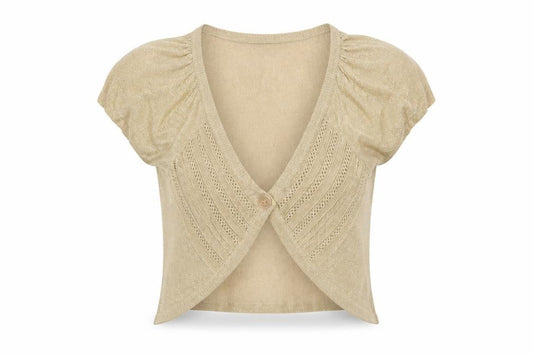Front view of Dorothy Perkins Women's Beige Short Sleeve V-Neck Cardigan, size 10