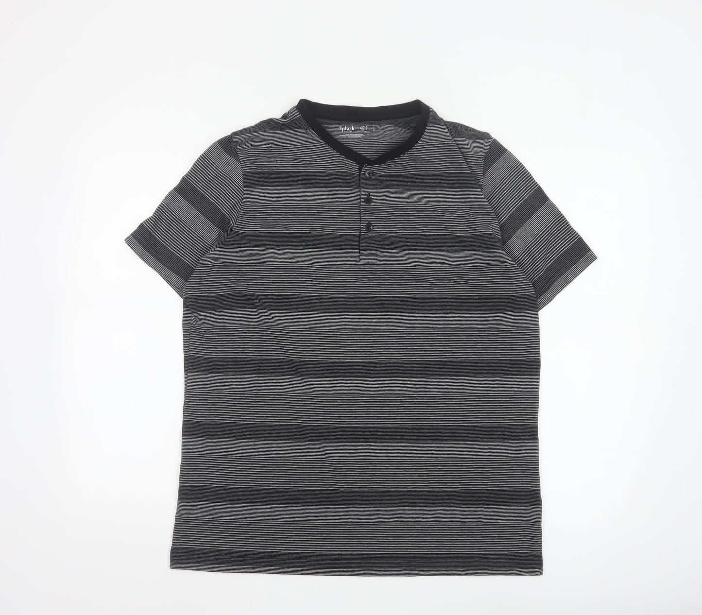 Splash Men Grey Striped Henley Short Sleeve T-Shirt Size L