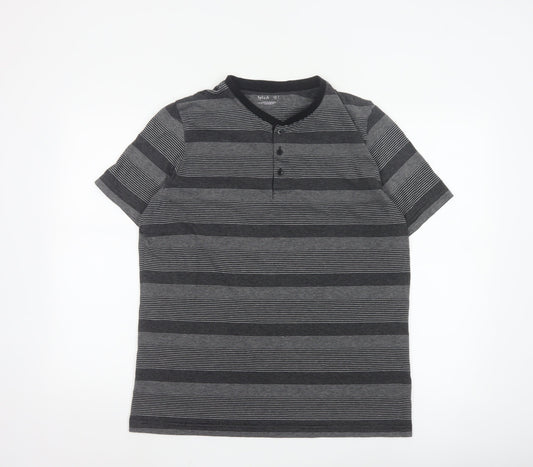 Splash Men Grey Striped Henley Short Sleeve T-Shirt Size L
