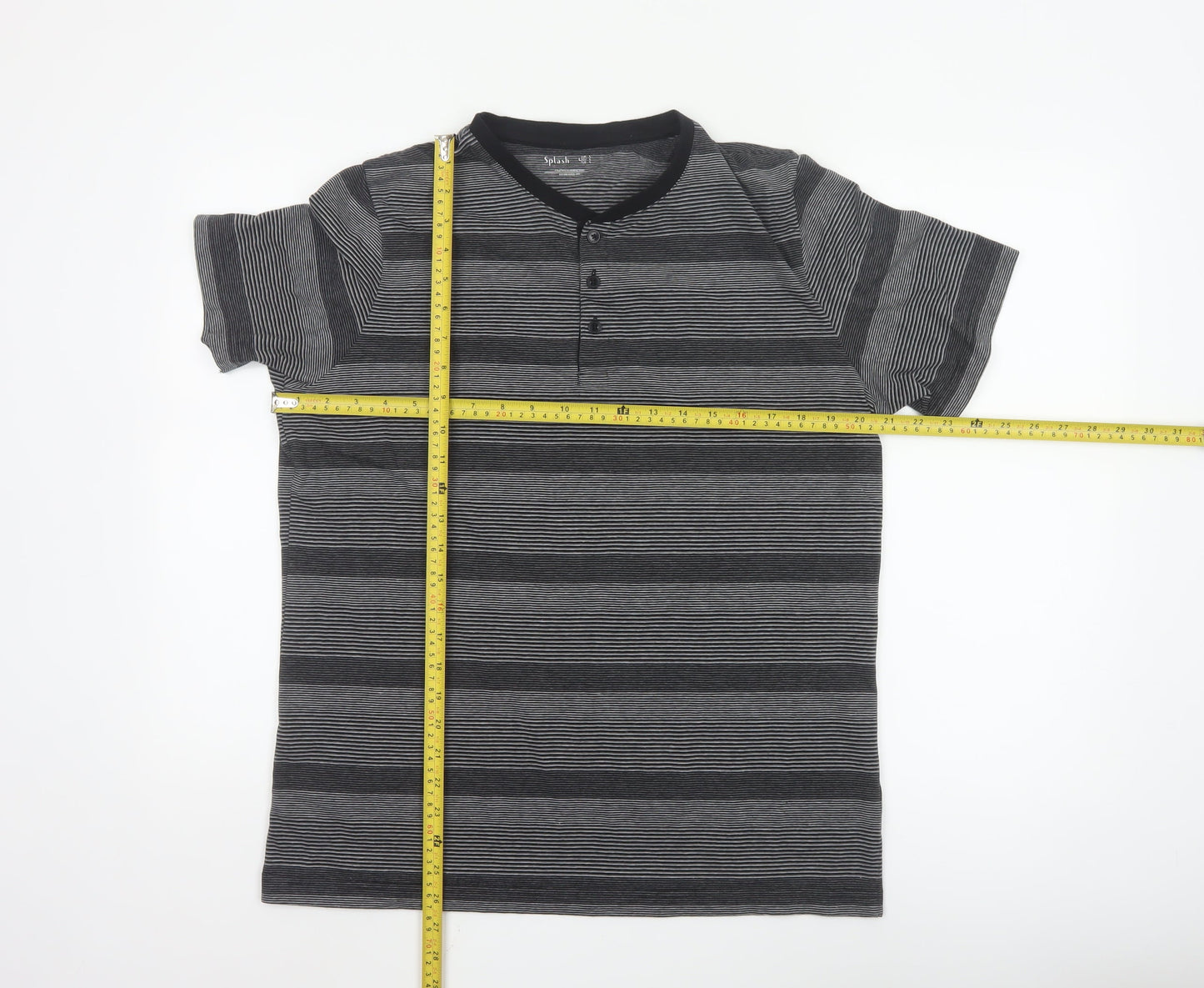 Splash Men Grey Striped Henley Short Sleeve T-Shirt Size L