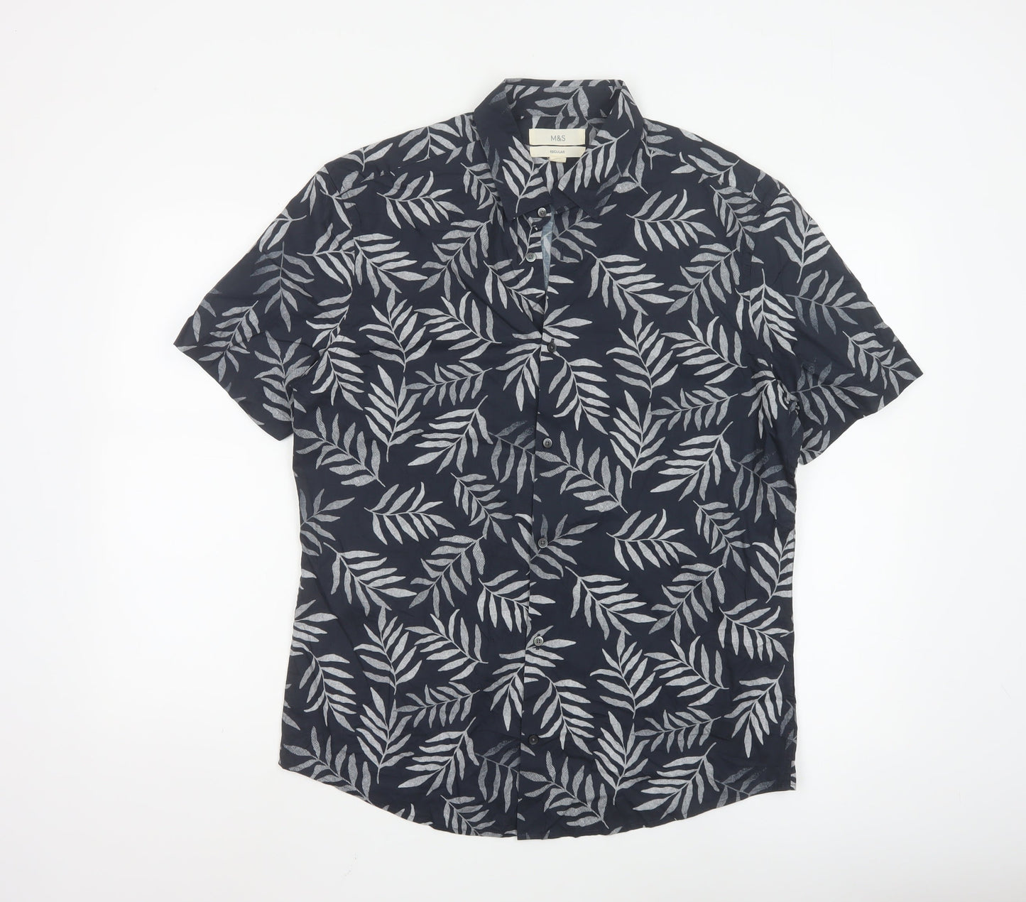 Marks and Spencer Men's Black Leaf Print Cotton Short Sleeve Shirt M