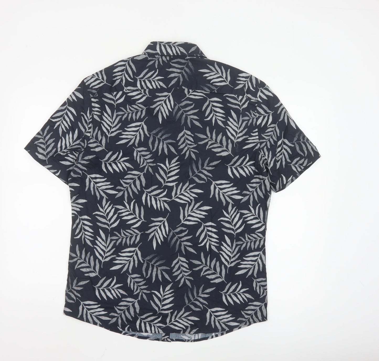 Marks and Spencer Men's Black Leaf Print Cotton Short Sleeve Shirt M