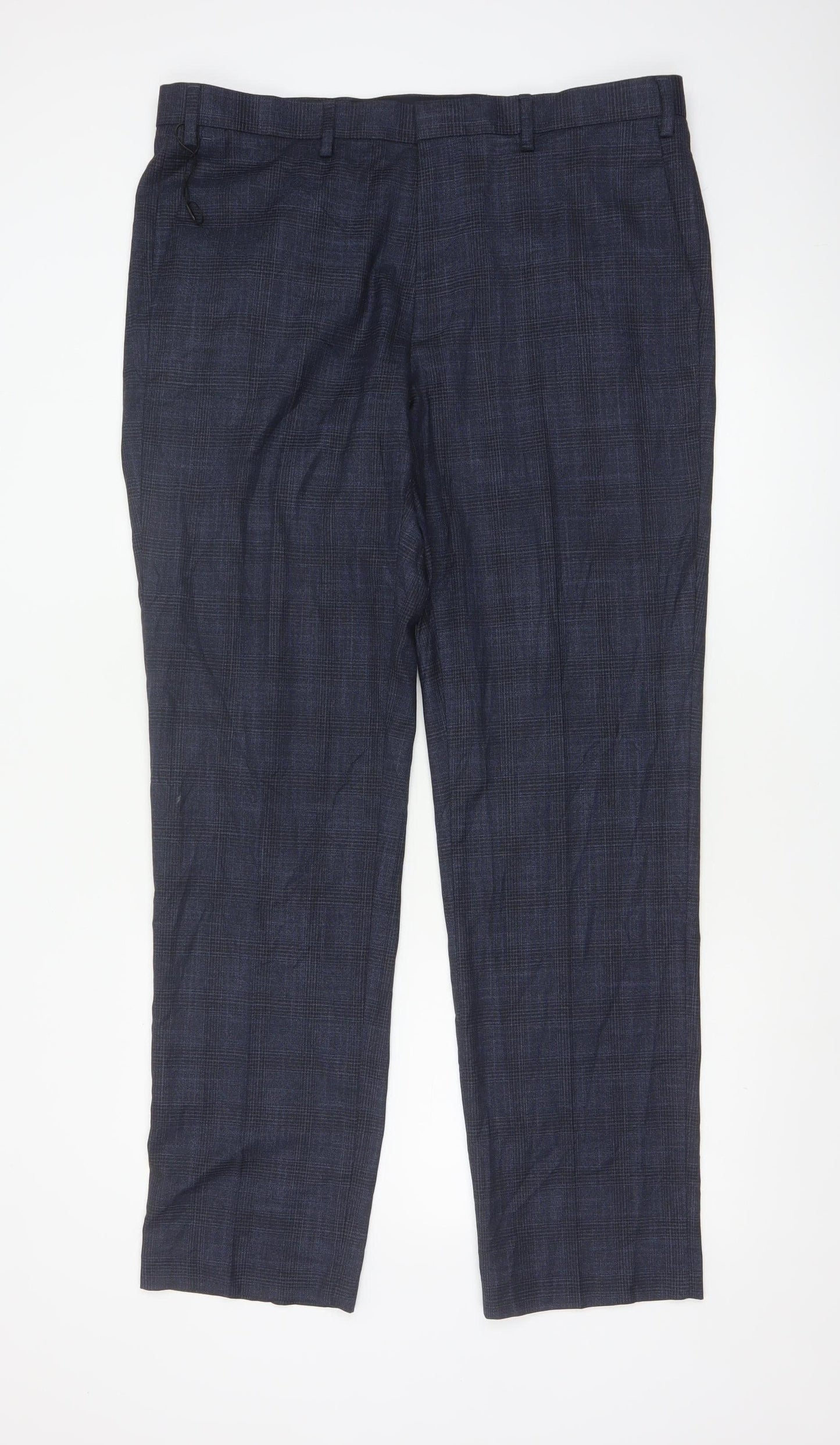Marks and Spencer Men's Blue Check Regular Fit Trousers 38L