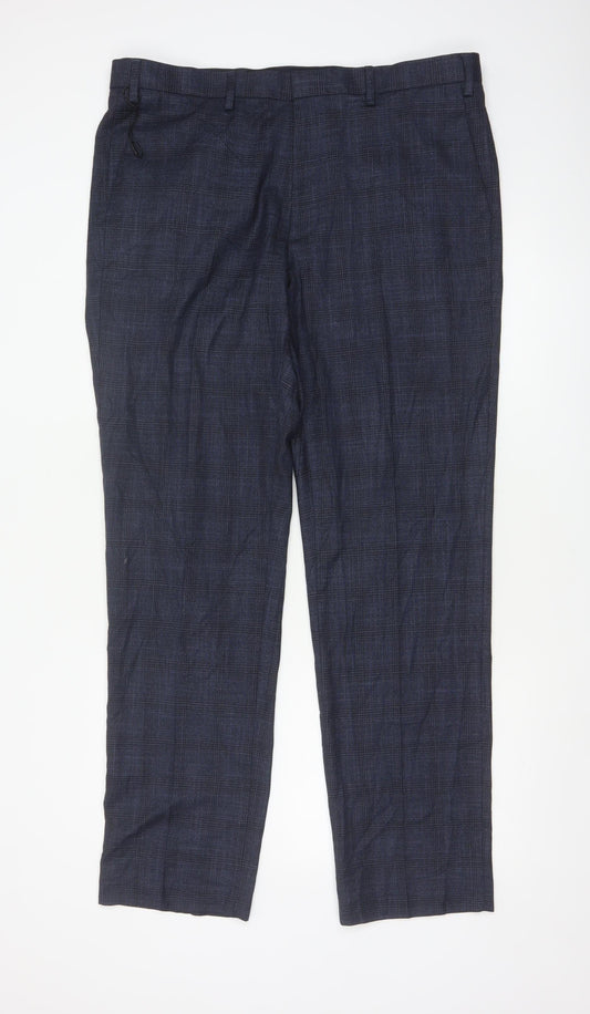 Marks and Spencer Men's Blue Check Regular Fit Trousers 38L