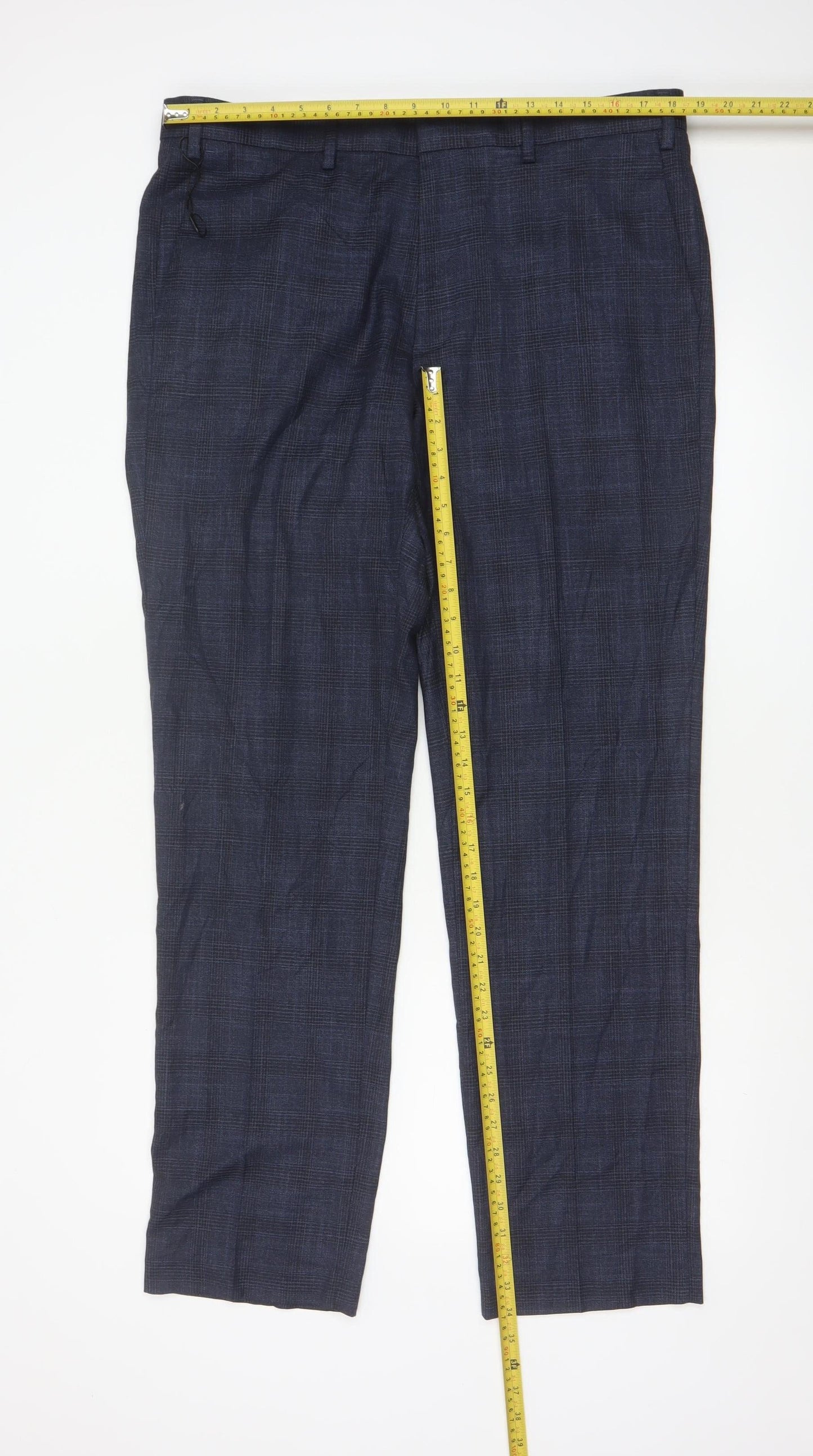 Marks and Spencer Men's Blue Check Regular Fit Trousers 38L