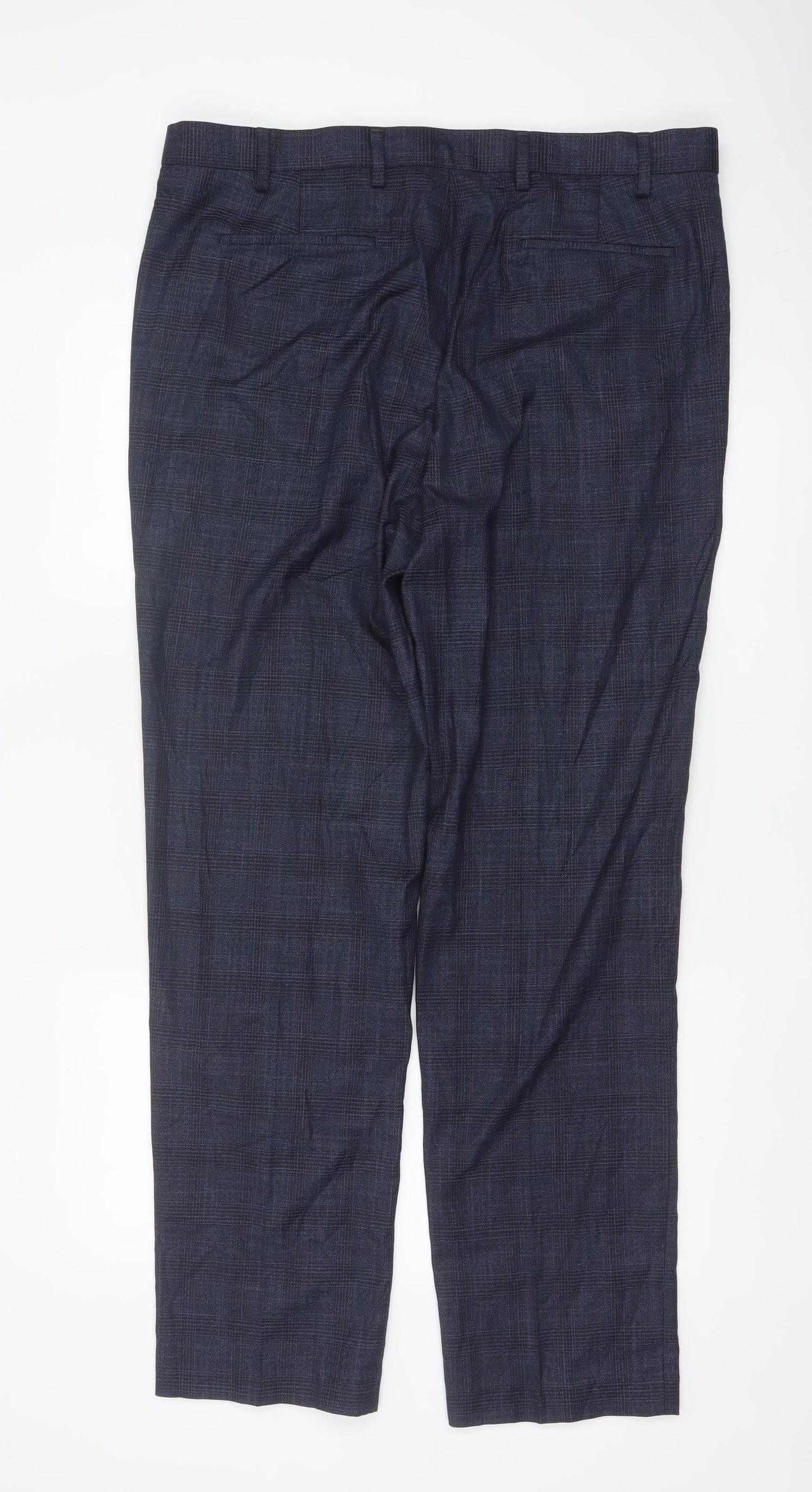 Marks and Spencer Men's Blue Check Regular Fit Trousers 38L
