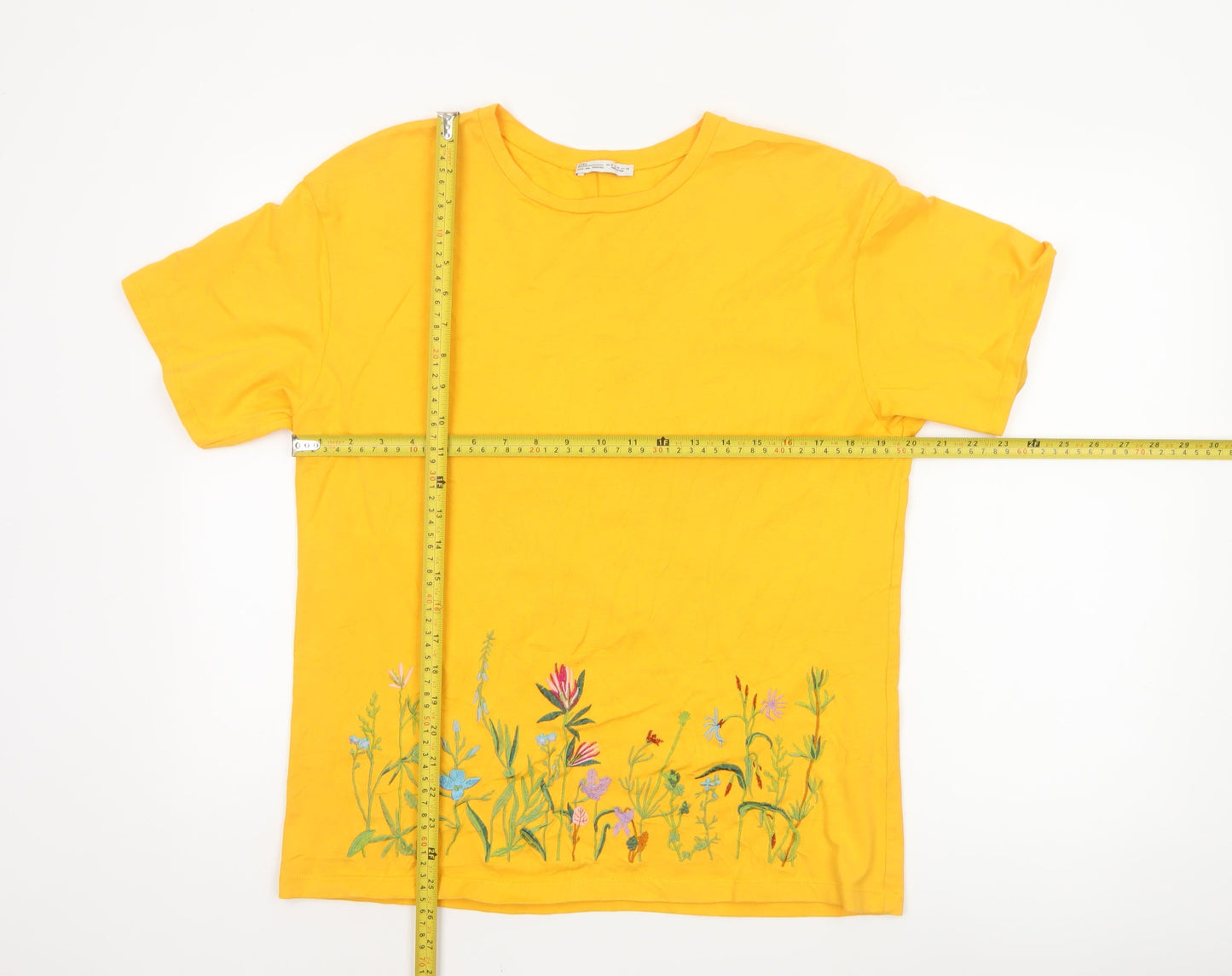 Zara Women Yellow Floral Embroidered Cotton T-Shirt Size 12