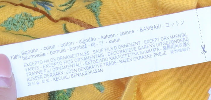 Zara Women Yellow Floral Embroidered Cotton T-Shirt Size 12