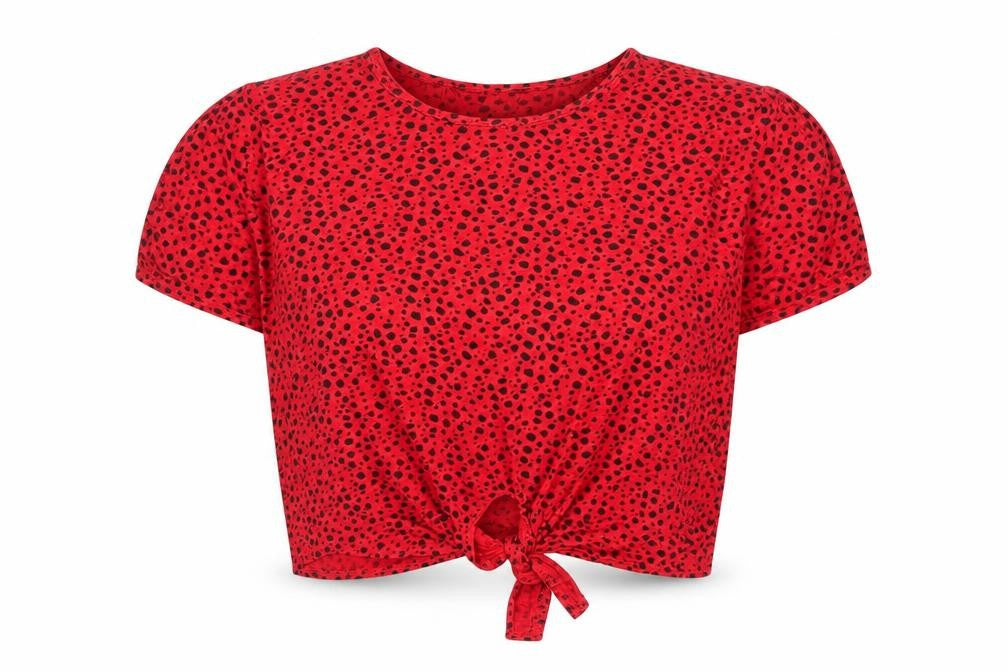 Peacocks Women's Red Polka Dot Cropped Tie Front T-Shirt Size 16