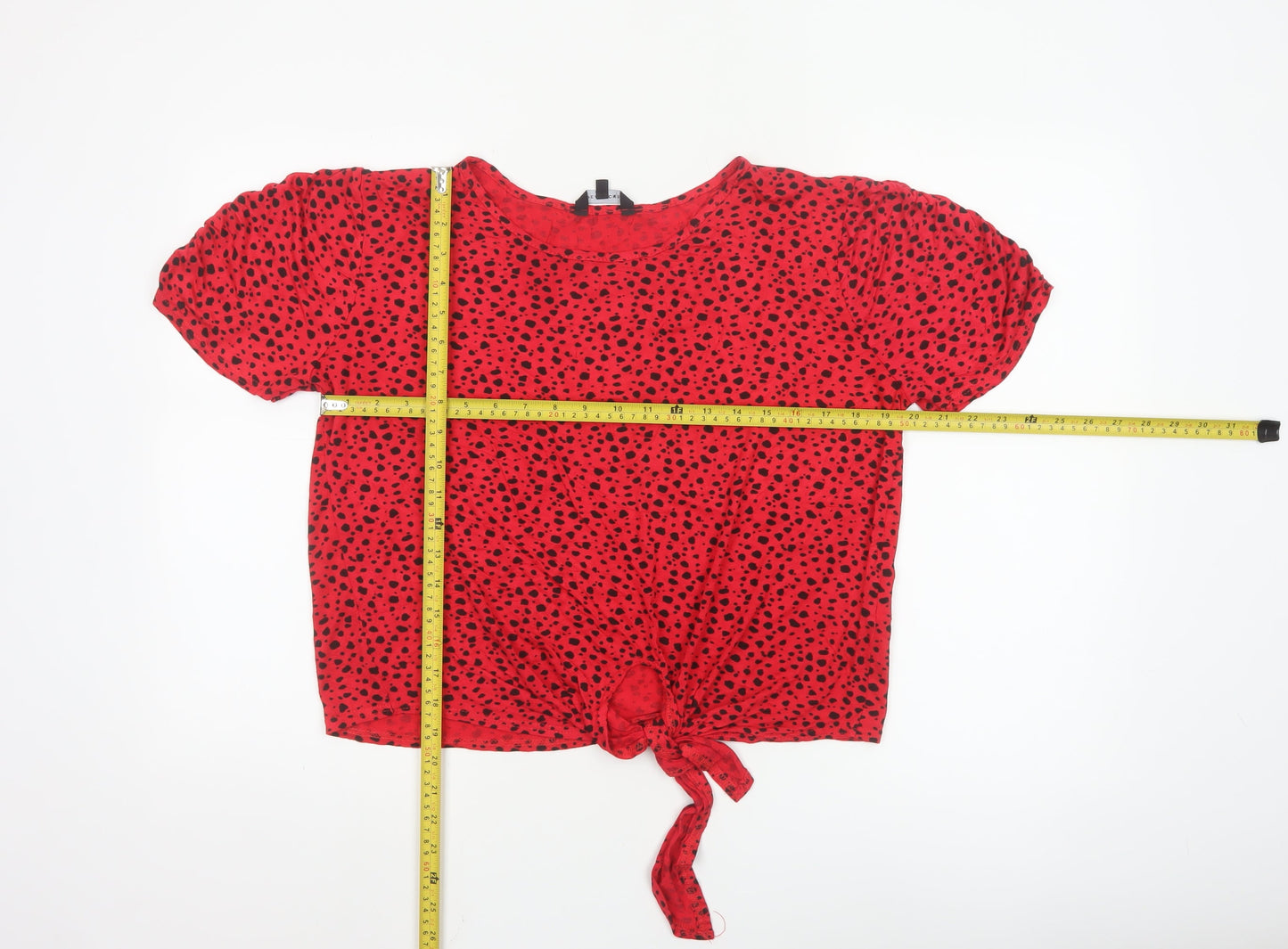Peacocks Women's Red Polka Dot Cropped Tie Front T-Shirt Size 16