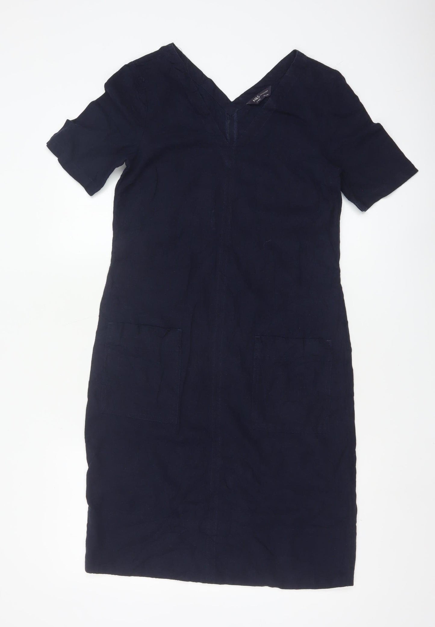 Marks and Spencer Women's Navy V-Neck Linen Blend Shift Dress Size 6