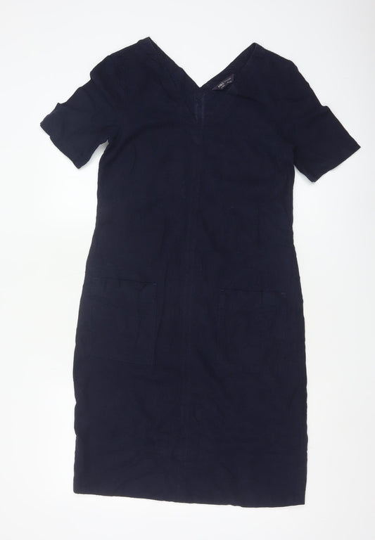 Marks and Spencer Women's Navy V-Neck Linen Blend Shift Dress Size 6