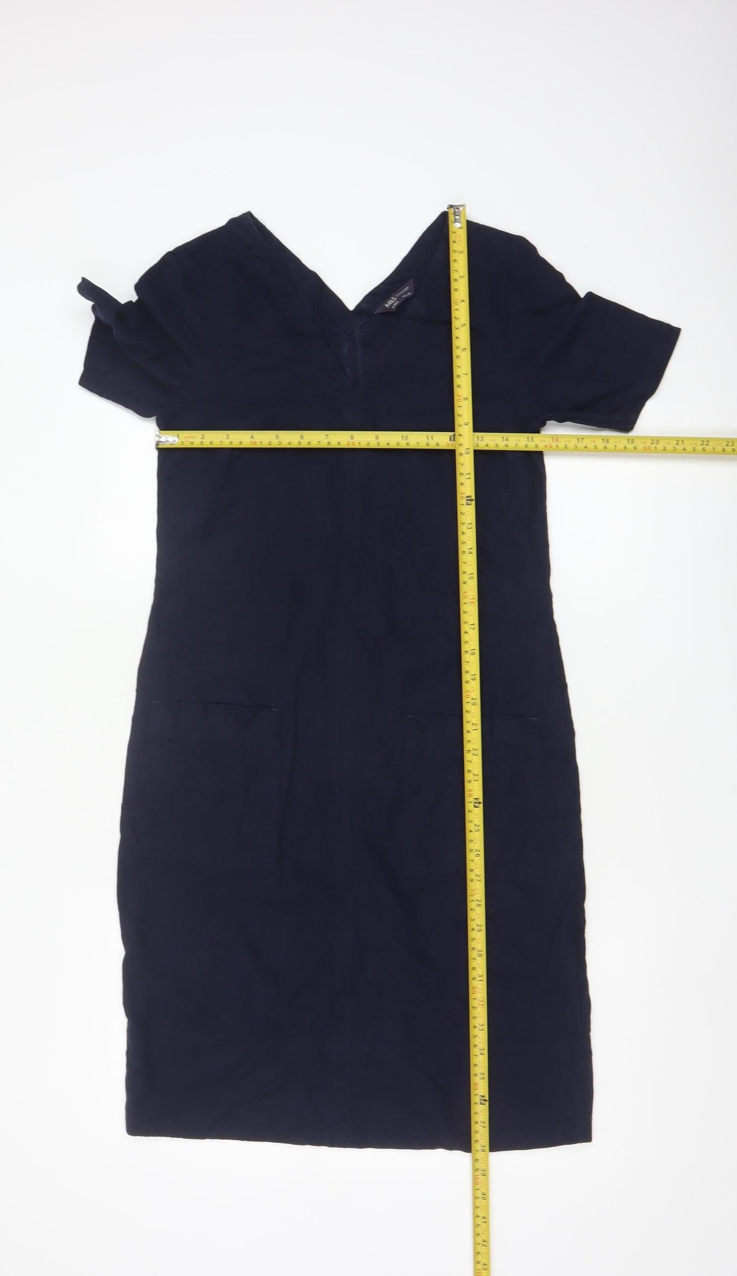 Marks and Spencer Women's Navy V-Neck Linen Blend Shift Dress Size 6
