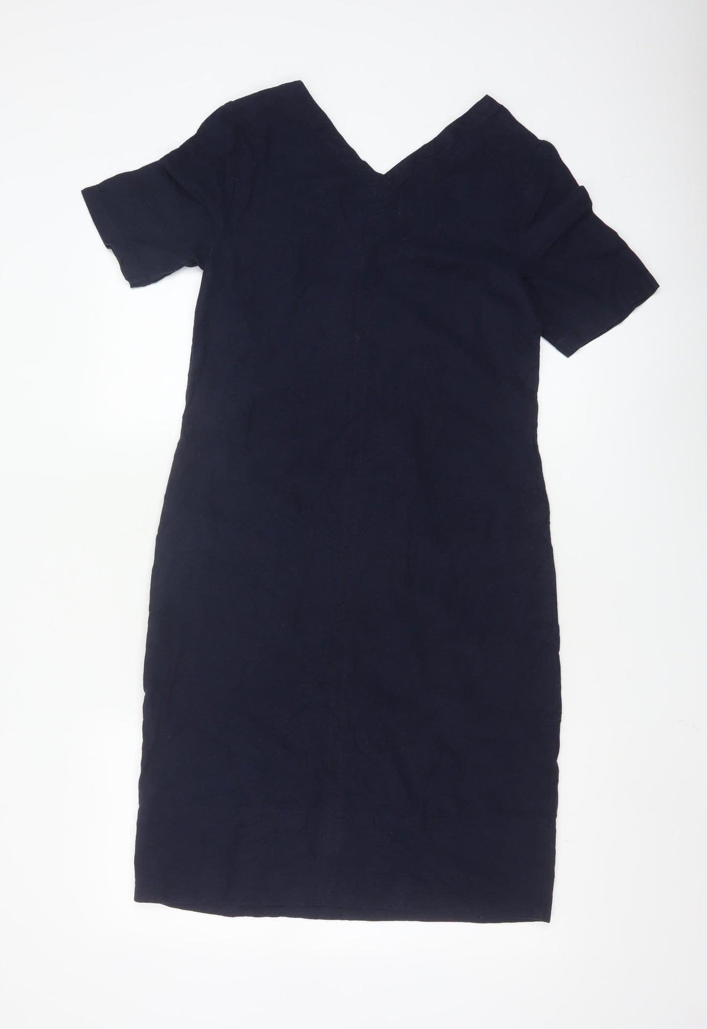 Marks and Spencer Women's Navy V-Neck Linen Blend Shift Dress Size 6