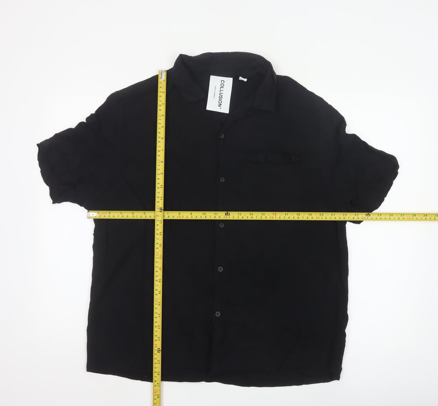 Collusion Unisex Black Button-Up Shirt L Viscose Short Sleeve