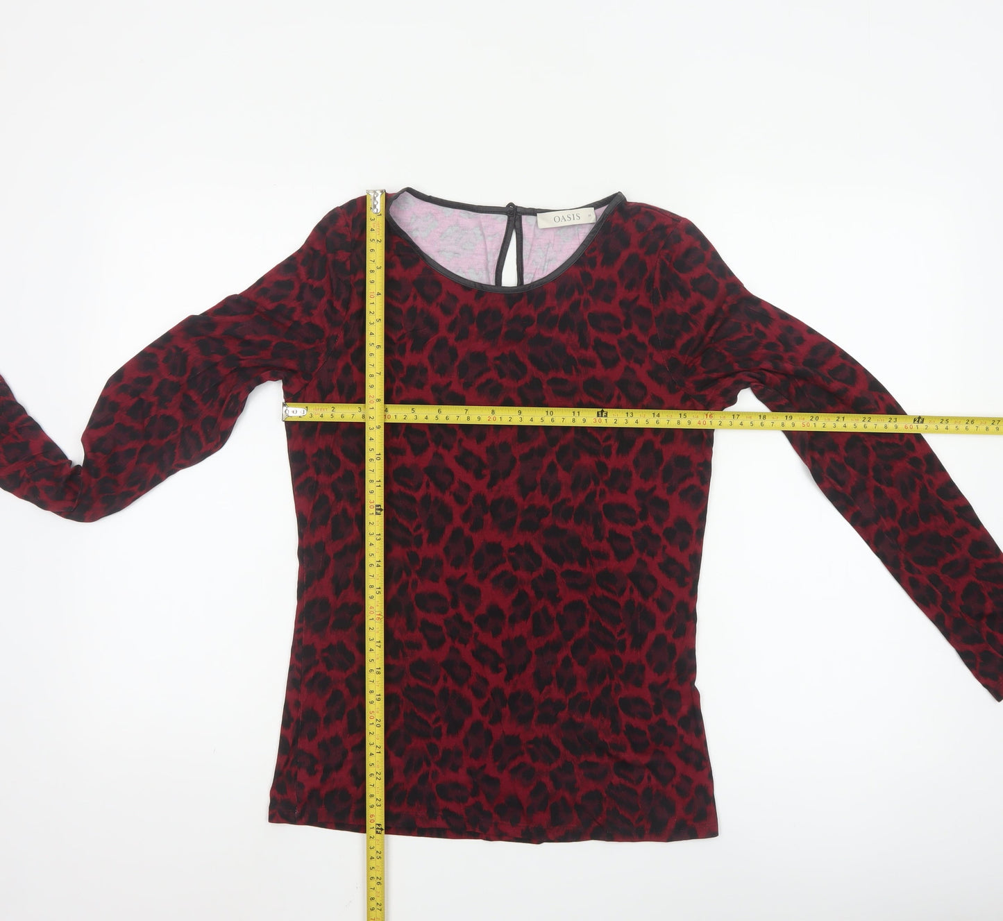 Oasis Women's Red Leopard Print Long Sleeve Jersey Blouse M