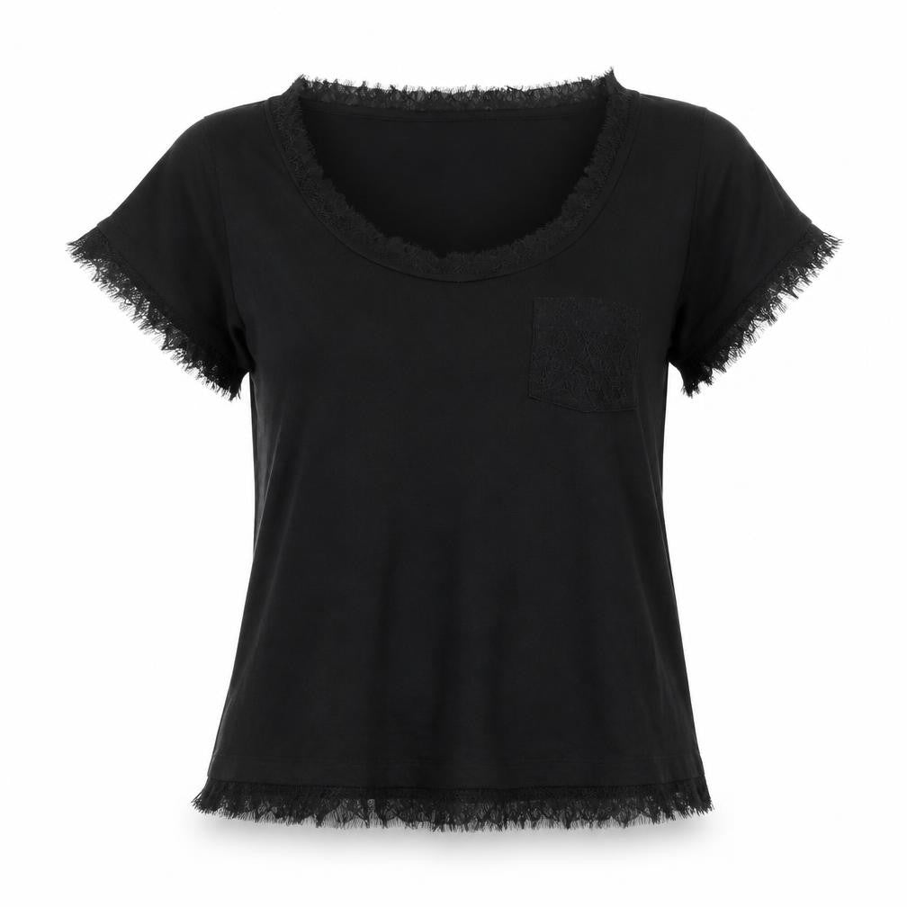 Tommy Hilfiger Women's Black Lyocell Lace Trim Short Sleeve Blouse L