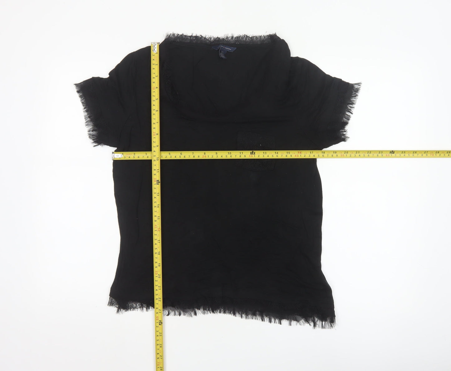 Tommy Hilfiger Women's Black Lyocell Lace Trim Short Sleeve Blouse L