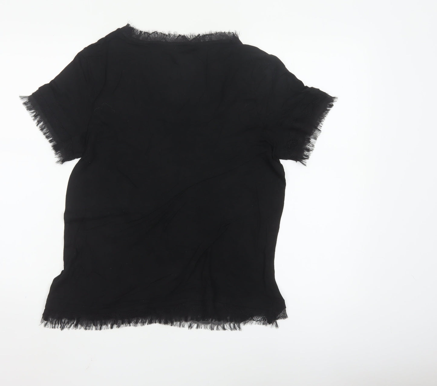 Tommy Hilfiger Women's Black Lyocell Lace Trim Short Sleeve Blouse L