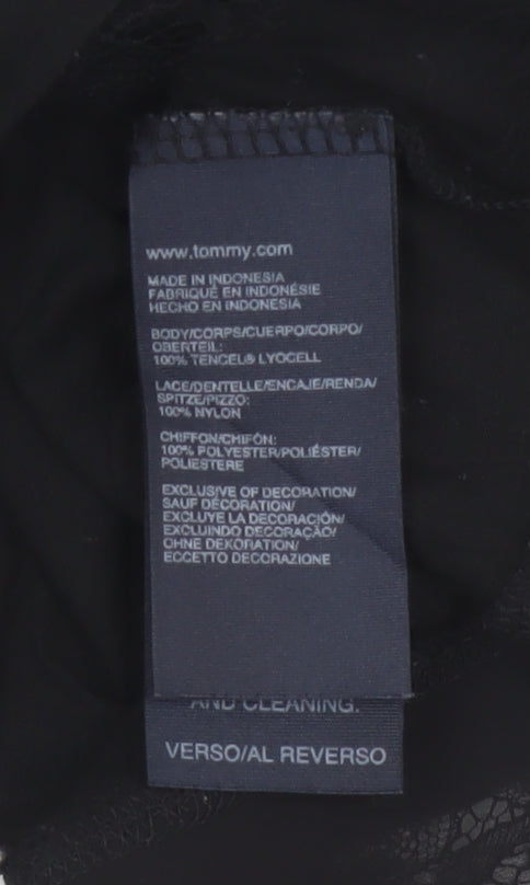 Tommy Hilfiger Women's Black Lyocell Lace Trim Short Sleeve Blouse L