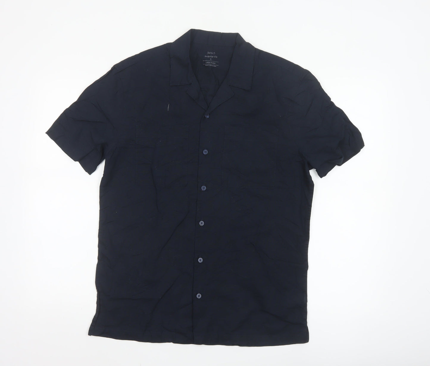 Marks and Spencer Men's Blue Linen Blend Regular Fit Short Sleeve Shirt S