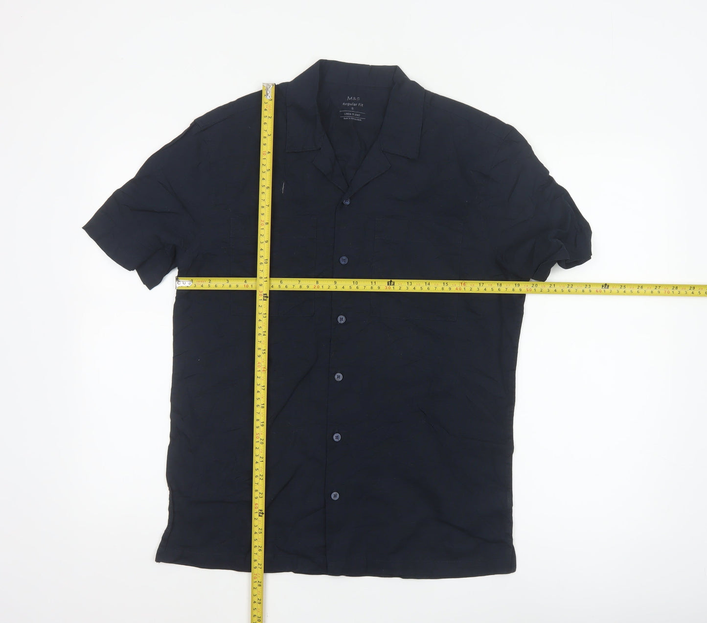 Marks and Spencer Men's Blue Linen Blend Regular Fit Short Sleeve Shirt S